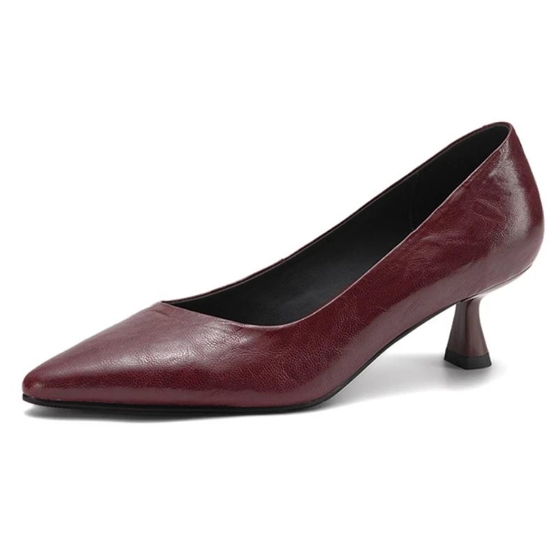 Genuine Leather Women's High Heels Pumps Shoes Elegant Point Black wine Red Heeled Large Size Office Wedding Dress Shoes Ladies