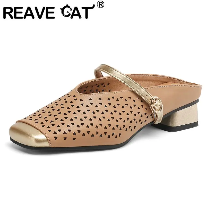 REAVE CAT Ladies Shoes 2026 New Fashion Women Sandals Square Toe Belt Buckle Slip On Mules Sweet Daily Flats Plus Size 32 41 42