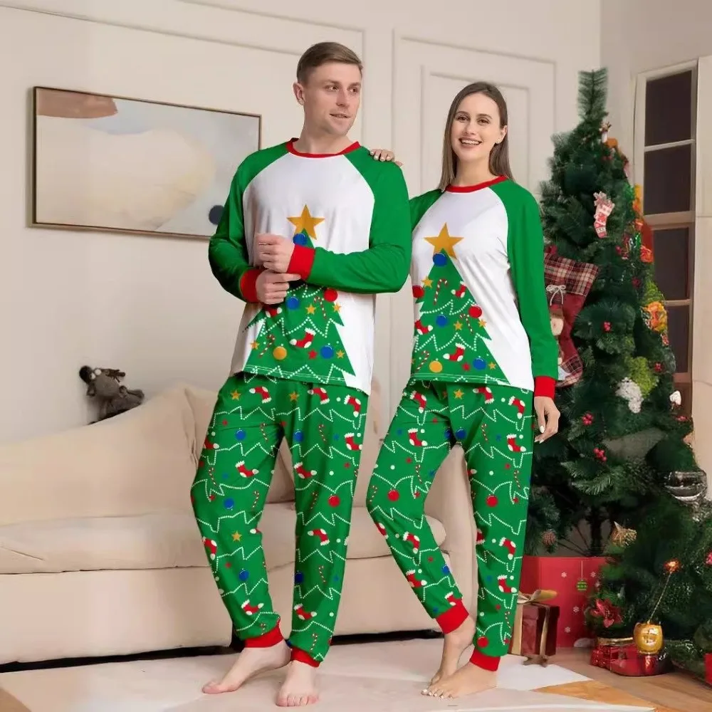 Soft Long Sleeve Christmas Pyjamas Set Christmas Tree Socks Couple Christmas Outfit Round Neck Two Piece Set Top+Pants Adult
