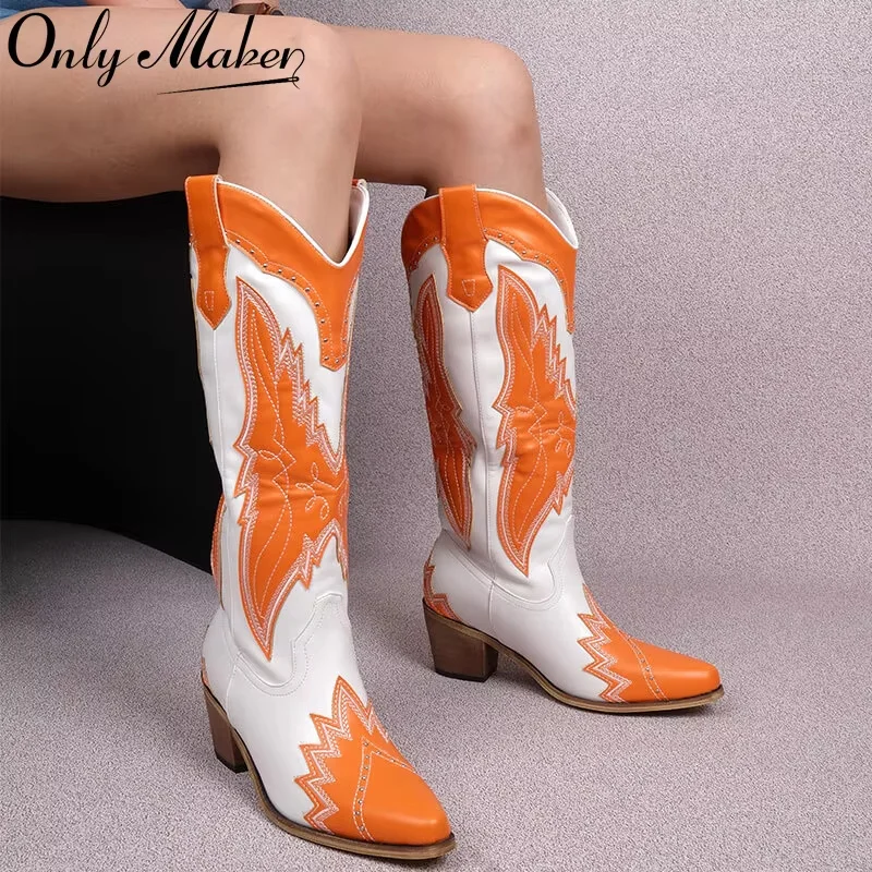 Onlymaker Pointed Toe Retro Pull On Western Cowgirl Boots Chunky Heel Embroidery Party Concert Festival  Rivet Cowboy Boots
