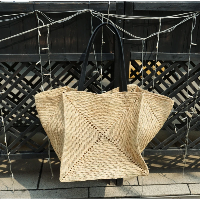 Brand Luxury Handmade Woven Lafite Grass Handbag Solid Color Large Capacity Open Shoulder Bag Travel Vacation Storage Beach Bag