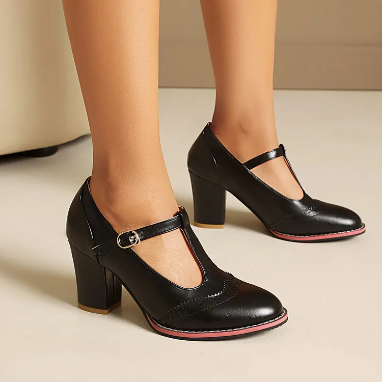 Black T-Strap Mary Jane Pumps Women Round Toe Chunky Block Heel Brogue Office Shoes