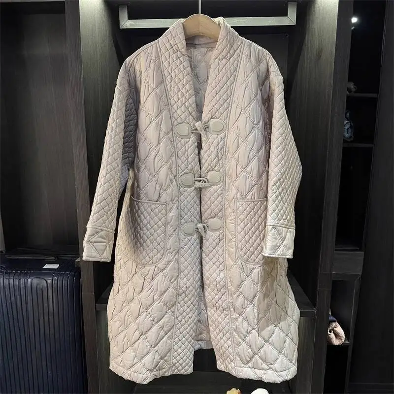 Horn High-end Simple Button Mid-length Trench Coat Cotton Jacket For Women Winter New Big Size Pleated Clothing 22PRE