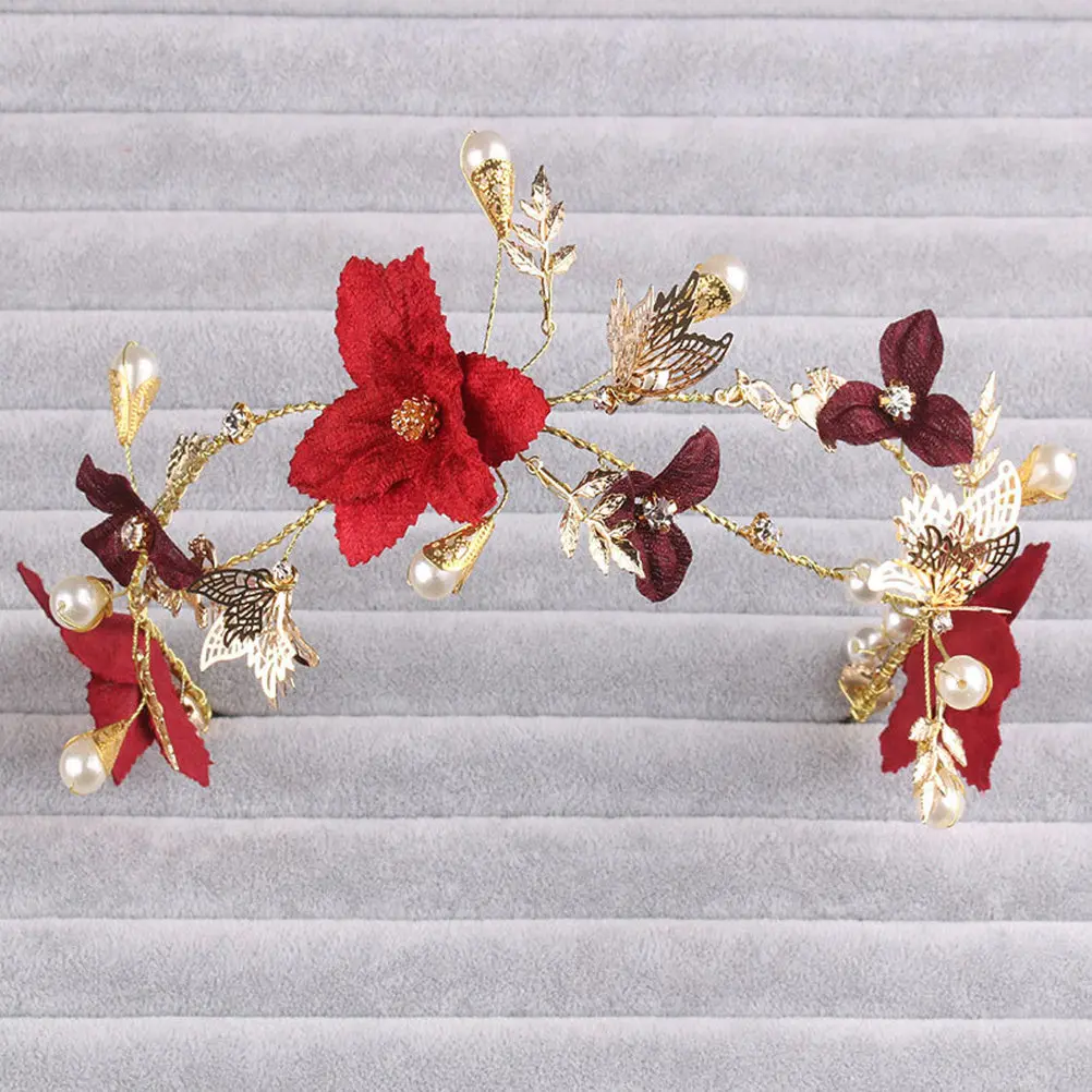 Bridal Pearl Flower Headband Red Fabric Wedding Hair Accessory Elegant Comfortable Party Headdress