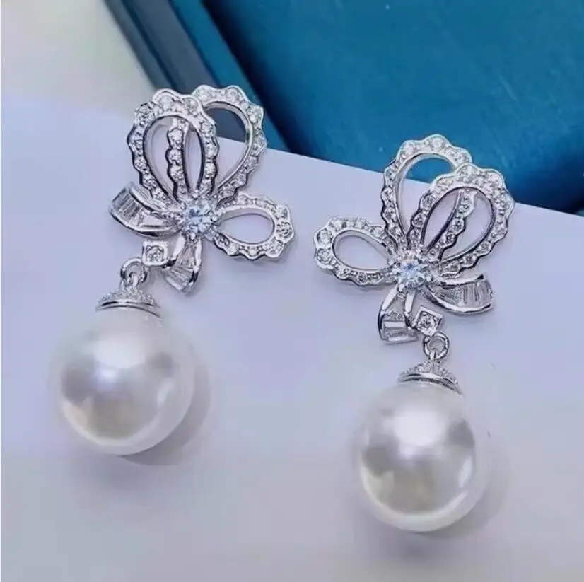 pair of 10-11mm south sea round white pearl dangle earring 925s