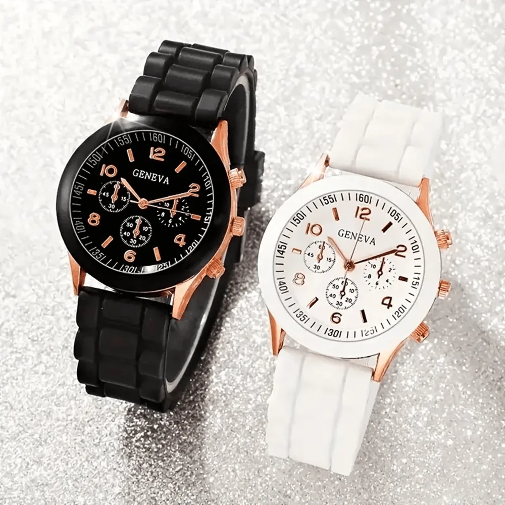 2pcs/set, Women Watches Set, Black and White Round Dial Quartz Watch with Silicone Strap  Perfect Gift for Mwoman