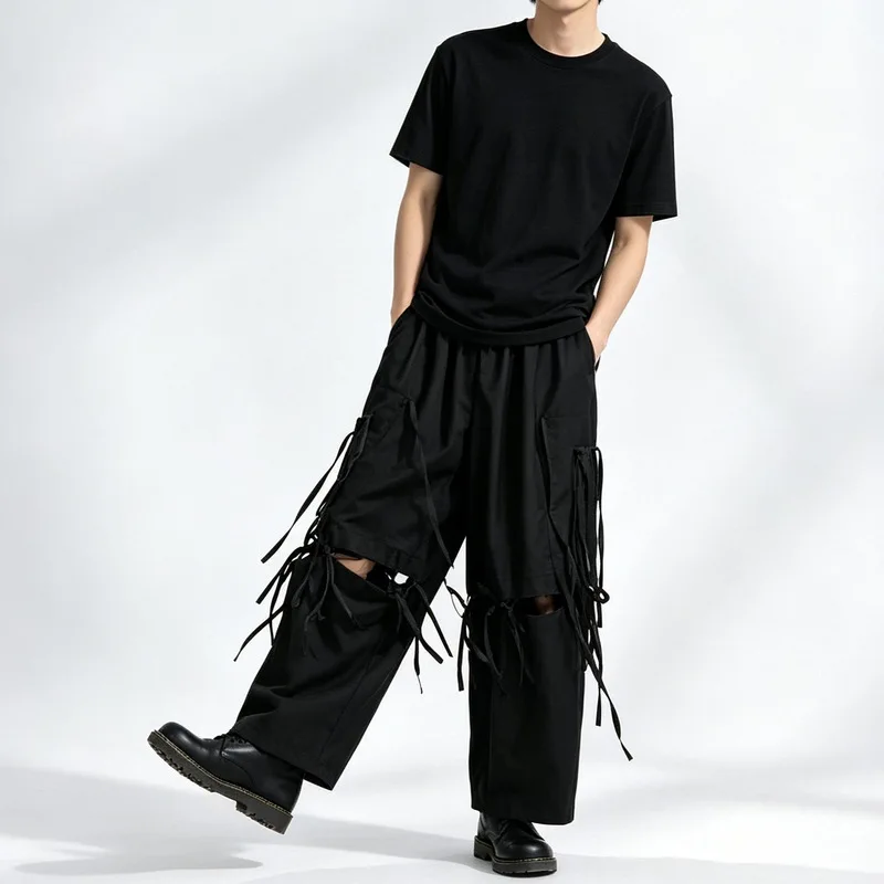Men'S Casual Dark Wide-Leg Pants, Loose-Fitting, High-Waisted, With Ribbon Detailing And Patchwork Design, Work Pants, 24008, Wo