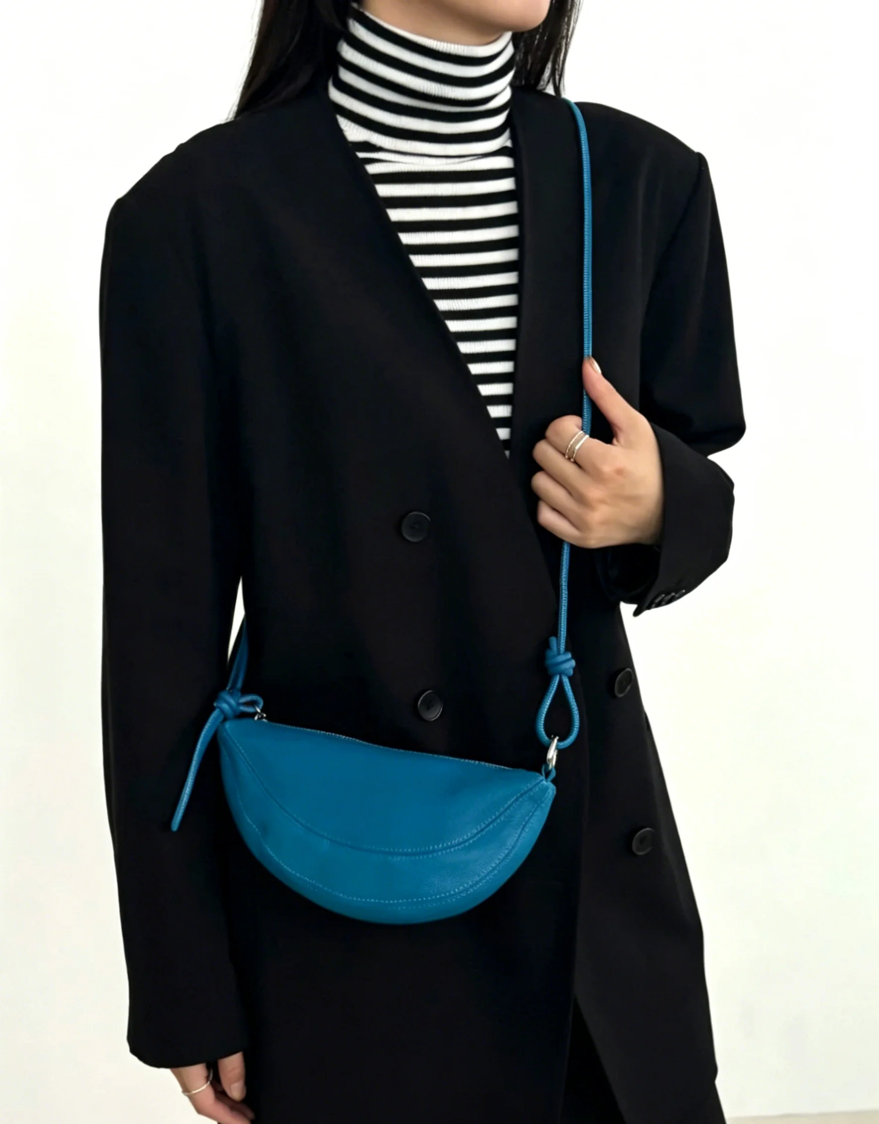 Genuine Lambskin Half Moon Crossbody Bag Women Adjustable Knotted Strap Minimalist Casual Shoulder Bag