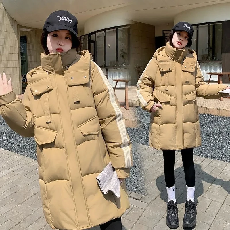 Oversized Down cotton Jacket Medium length 2025 Winter New Color blocked Women's Thicken Hooded Coat Female Warm Parka Overcoat
