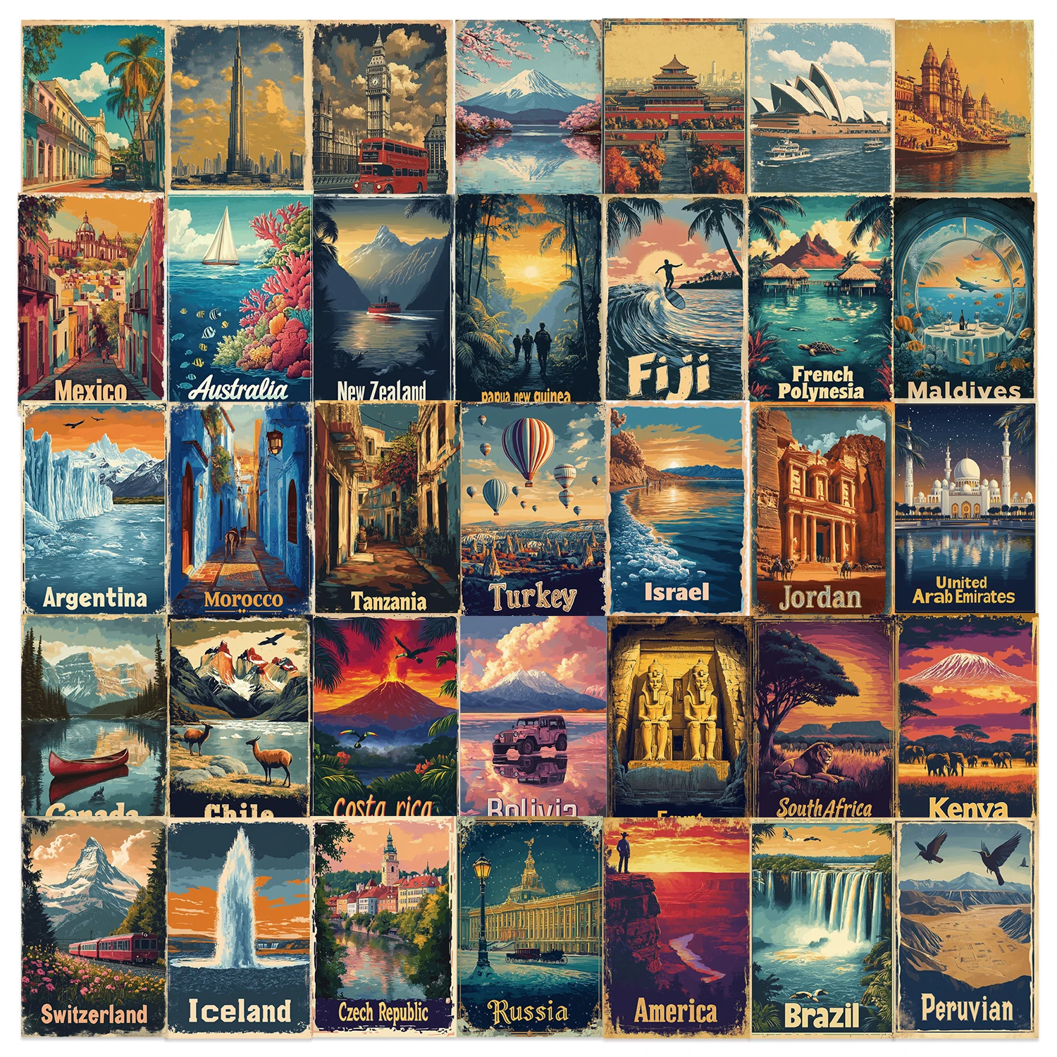 50PCS Cartoon Retro Travel Poster City Graffiti Stickers Decoration Luggage Notebook Diy Waterproof Stationery PVC Stickers