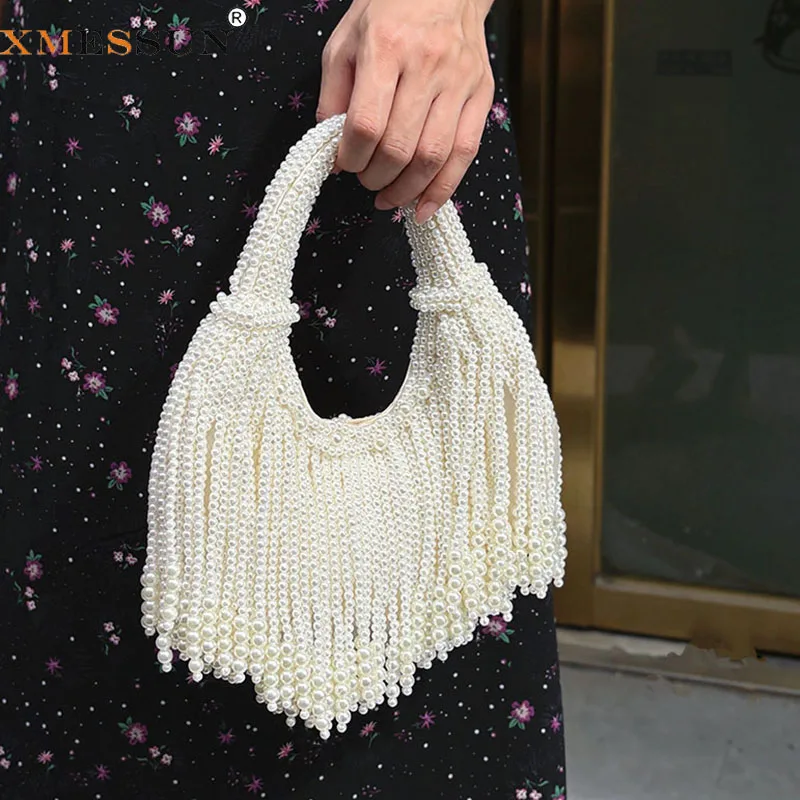 New Design Handle Pearl Evening Clutch Bag for Women,2027 Vintage Fringe Handbag Luxury Designer Long Tassel Party Wedding Purse