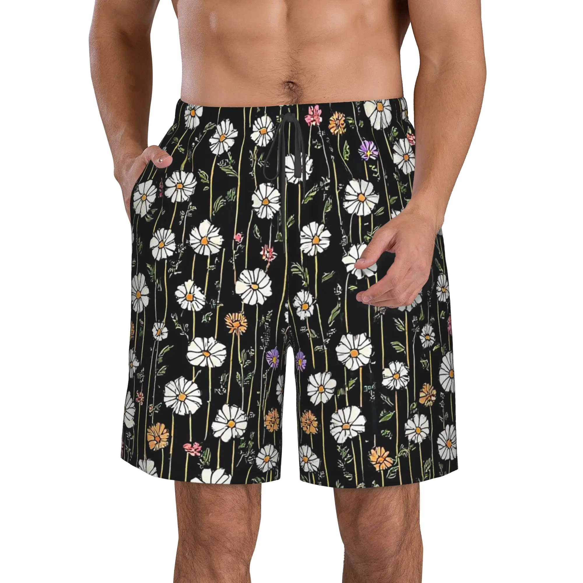 Cute Daisy Flower Trunks Beach Board Shorts Casual Quick Dry Swim Summer Men Pants