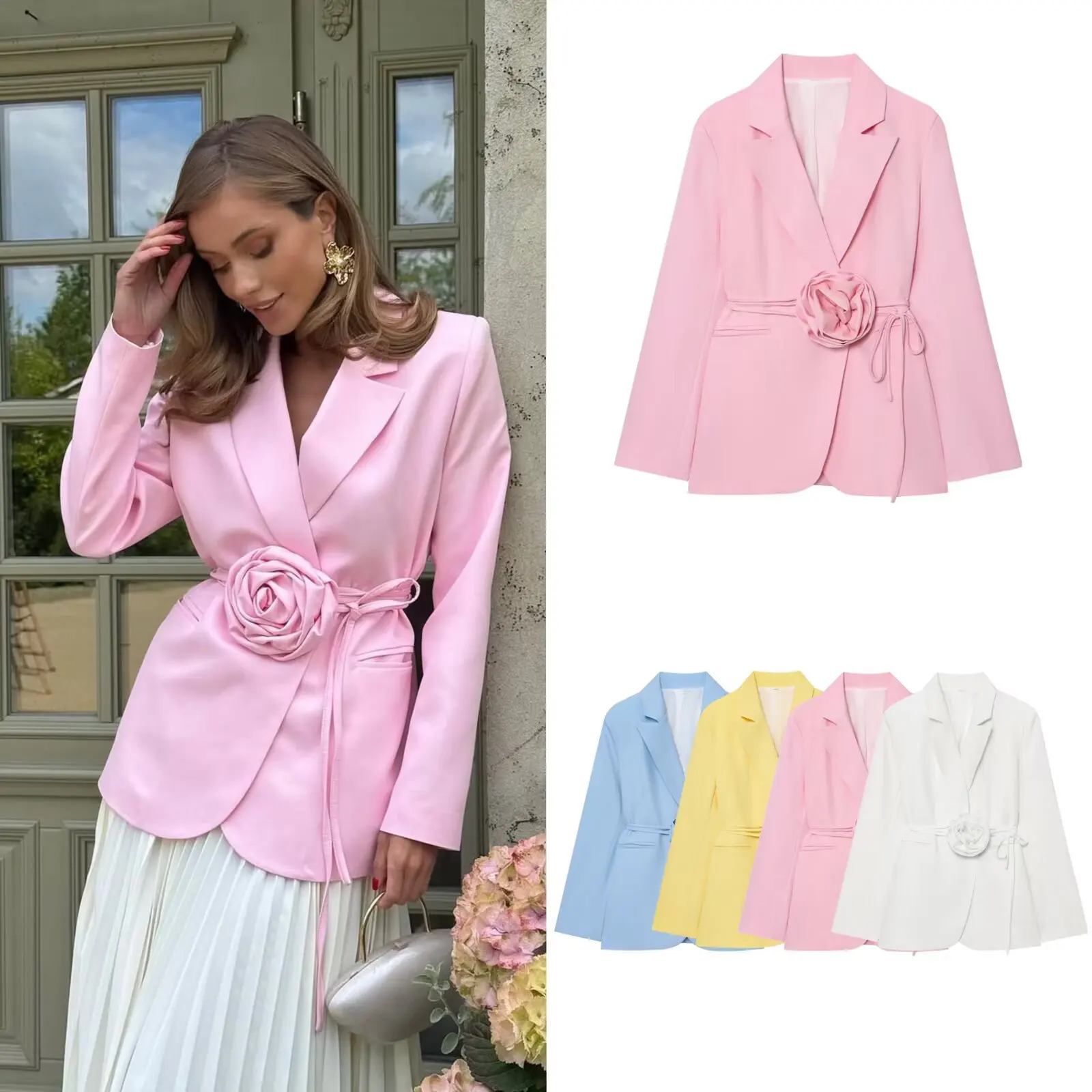 Women's Loose Fit Tie Waist Floral Print Blazer 2025 Autumn Office Wear Suit