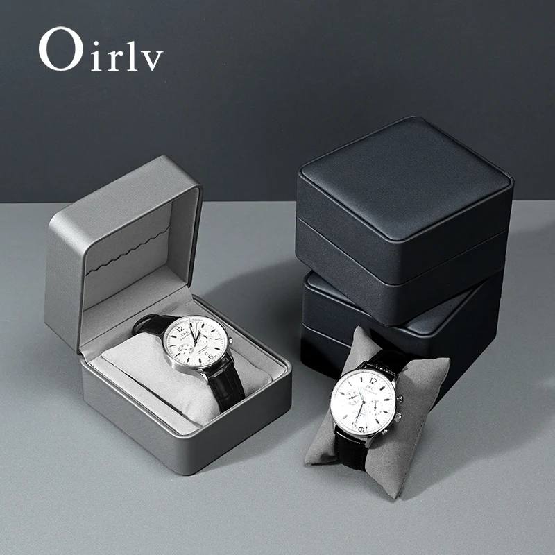 Oirlv Single Watch Gift Box with Pillow PU Leather Wristwatch Display Case Organizer for Men Watch Clamshell Watch Organizer Box