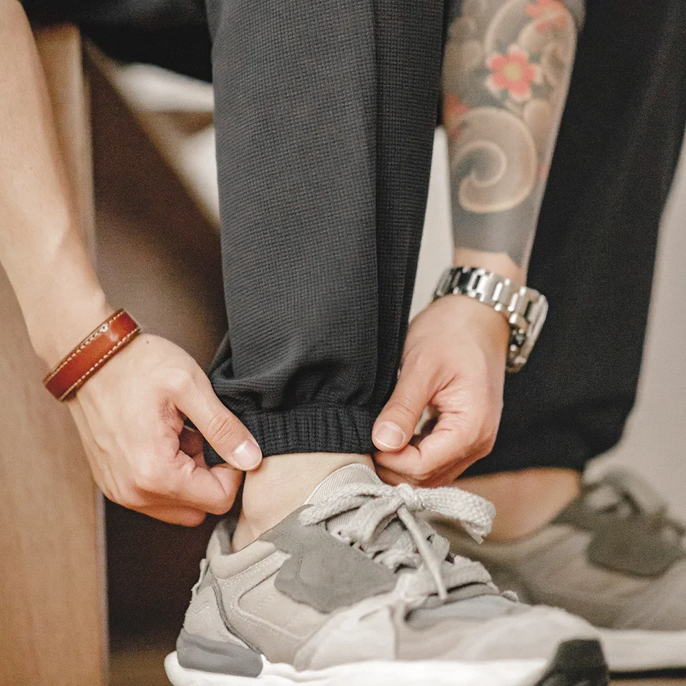 Maden Casual Solid Color Waffle Pants Men Sport Sweatpants Modal Straight Leg Trousers Loose Fit Drawstring Waist Outdoor Pants