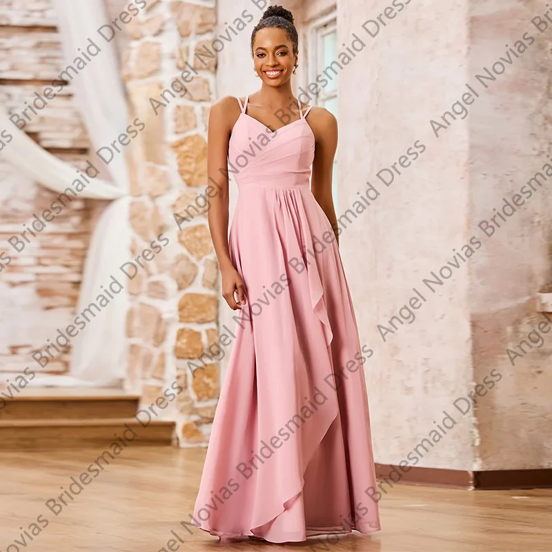 Customized Long Pink Chiffon Bridesmaid Dresses with Straps Wedding Party Maid Of Honor Dress robes invite mariage