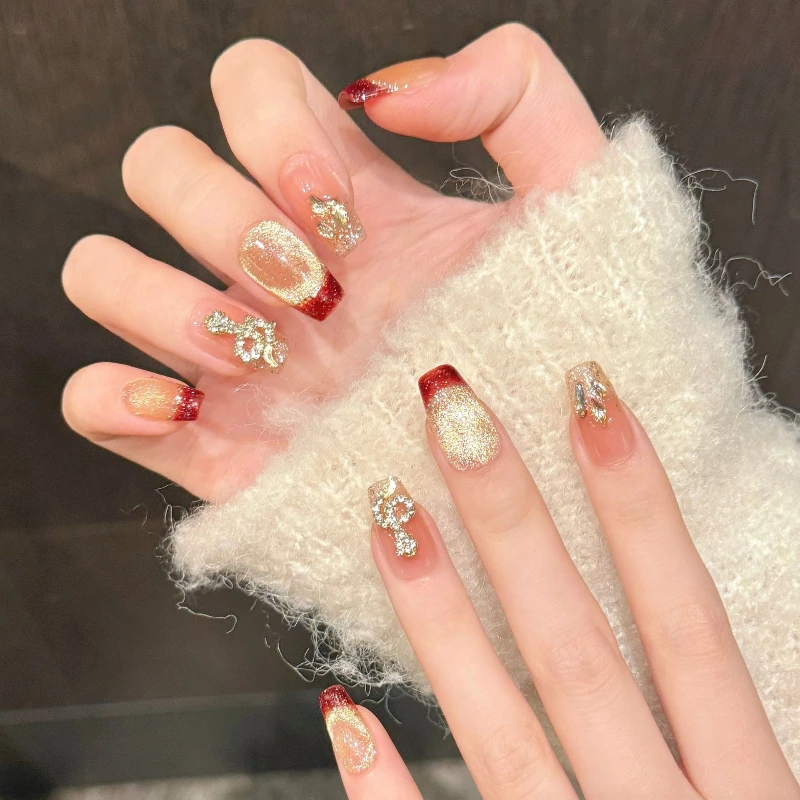 10Pcs Handmade Nail Red French with Gold Foil Accents Snake-Patterned Cat's Eye Rhinestone Press-On Style Perfect Gift for Women