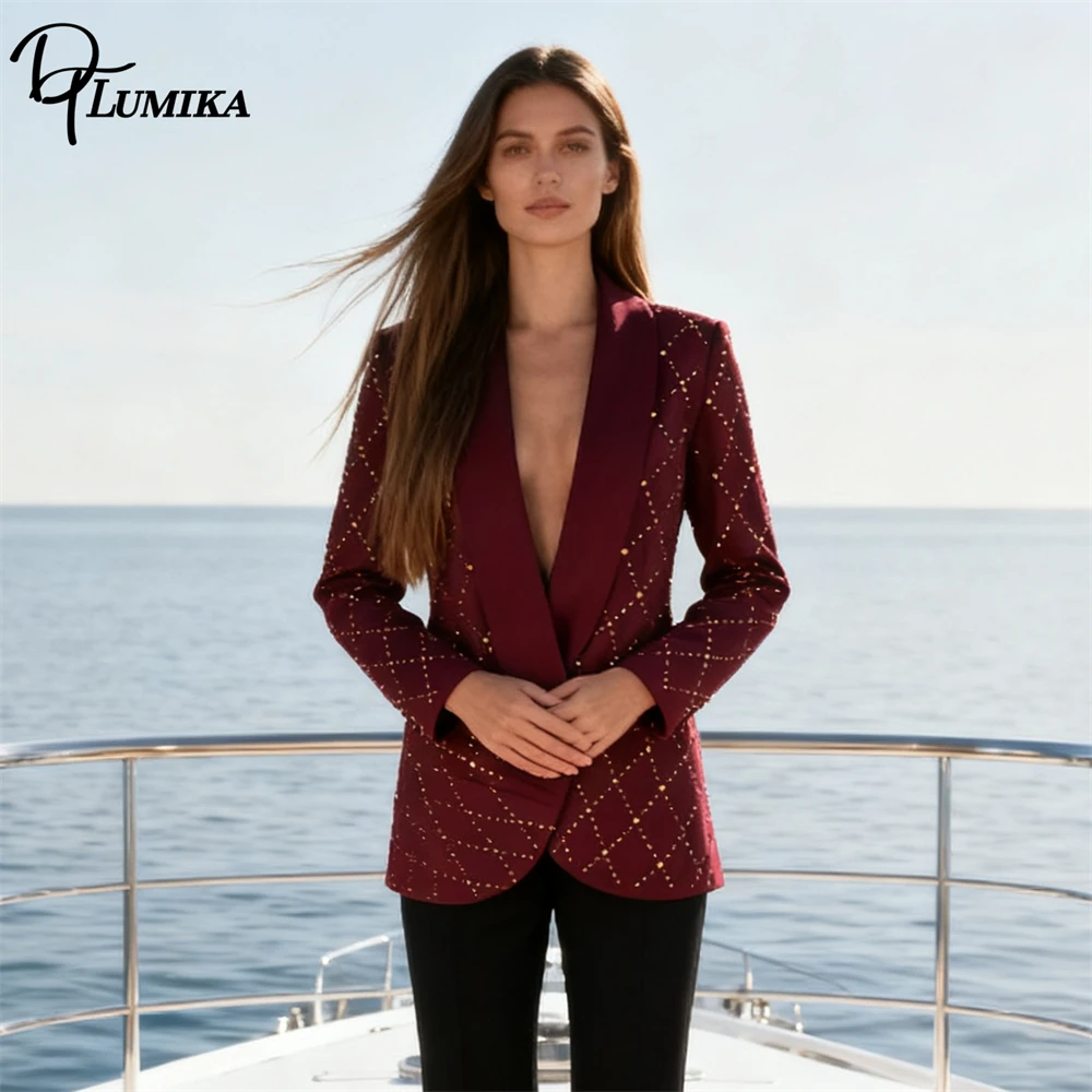 DTLumika Diamonds  Plaid Suit Jacket for Women, Shawl Neck Slim Fitting Womens Suit Blazer, Prom Party Cocktail Suits