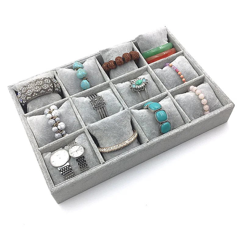 Premium Velvet 12 Grid Jewelry Organizer Tray with Removable Pillow Watch Tray Bracelet Bangle Watch Display Holder