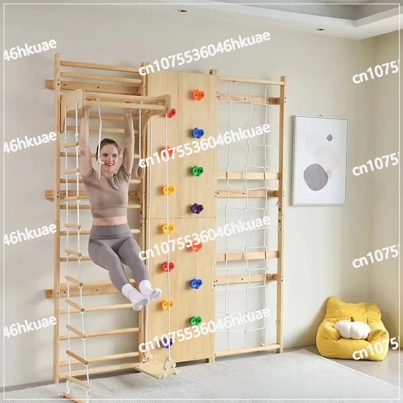 Indoor Kids Climbing Frame with Swing | Solid Wood Kindergarten Early Education | Baby Physical Training Ladder for Toddlers