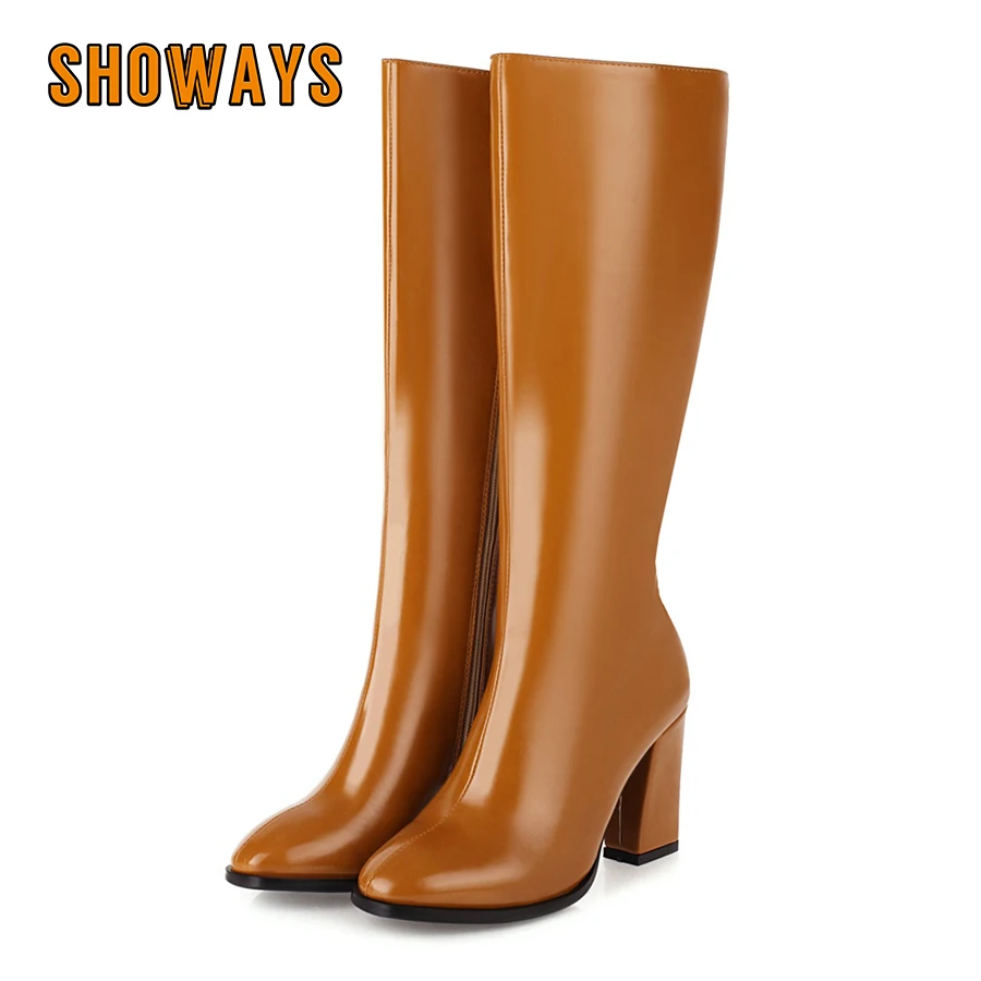 Glossy Women's Square Toe Knee High Boots Black Red Green Chunky Heels Party Office Dress Ladies Winter Plush Zipper Long Boots