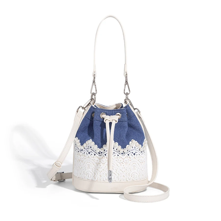 Fashion Lace Drawstring Bucket Bag for Women Summer 2025 Contrasting Color Denim Hand Bill Shoulder Crossbody Bag Luxury Handbag