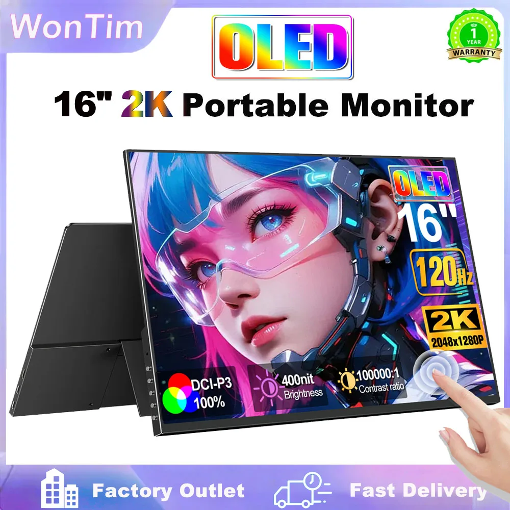 WonTim OLED Portable Monitor 2K 16.0" 2048x1280 100%DCI-P3 Laptop Extend Screen USB C HDMI Computer Gaming Display With Speakers