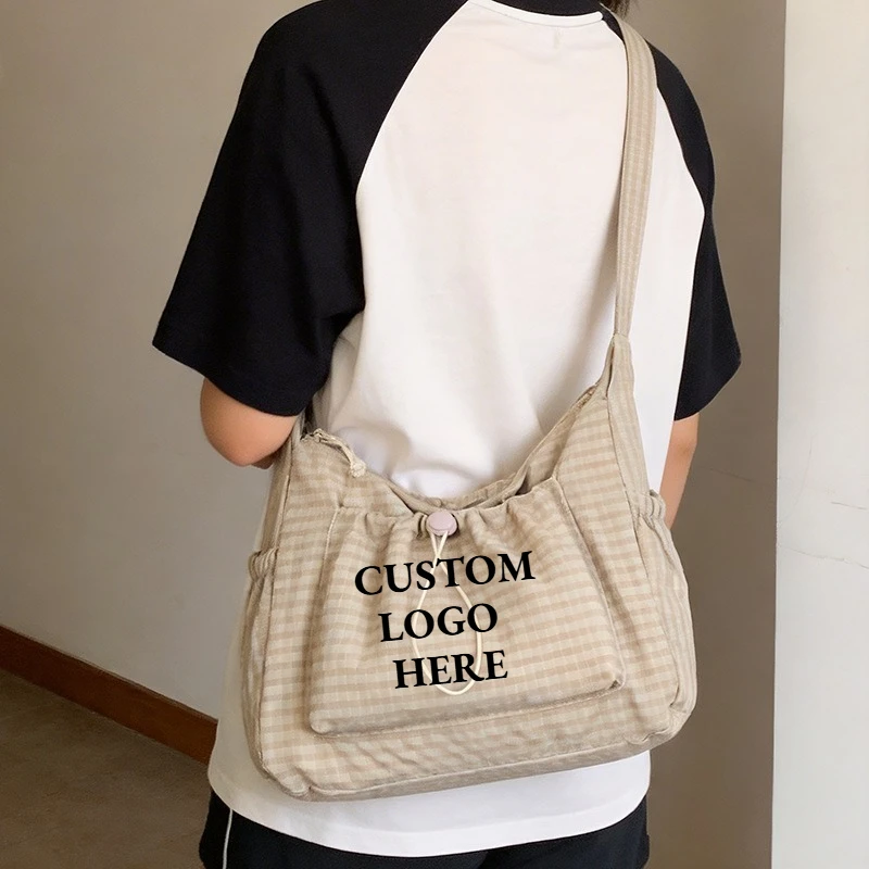 Custom Logo Nylon Shoulder Bags Fashion Simple Plaid Zipper Tote Drawstring Pleated Cloud Bags Commuter Crossbody Shoulder Bag