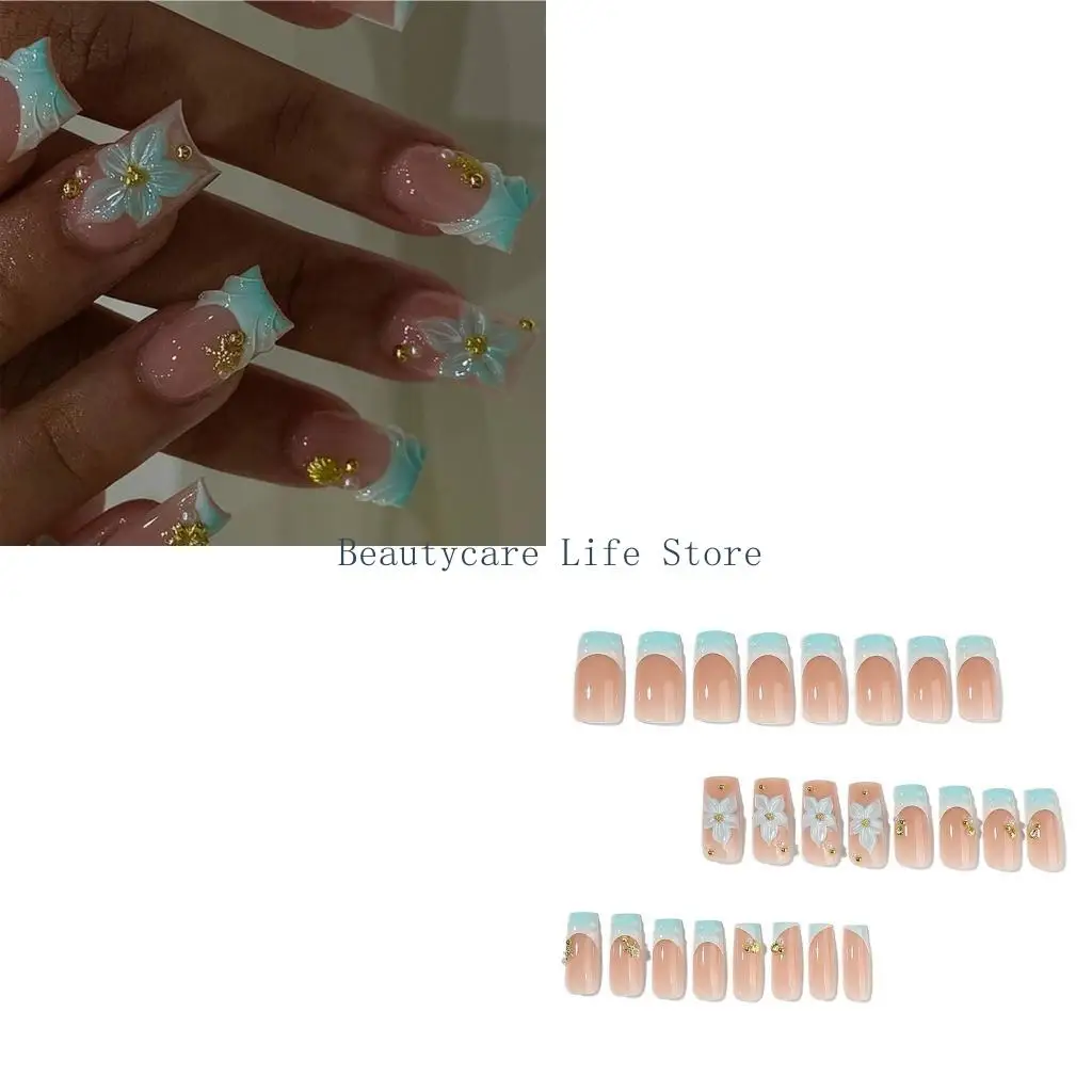 652C Party Ready Press On Manicure Set with Gold Bead Floral Accent