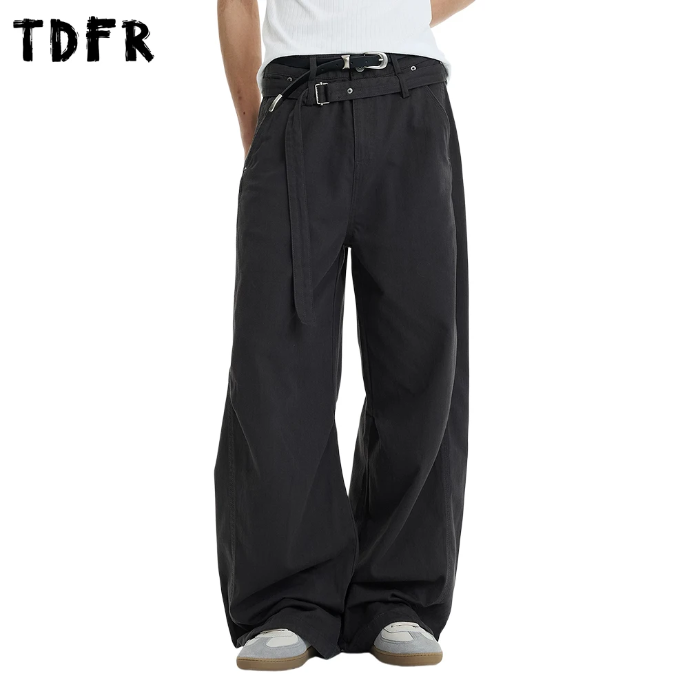 Pleated SolidColor Casual Pants Mens With Belt Summer Baggy Wide leg Cotton Trousers Man