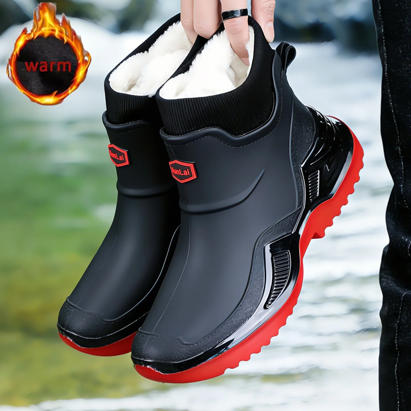 New Waterproof Men's Rain Shoes Winter Warm Plush Men Rain Boots Outdoor Non-slip Couple Rain Shoes Fashion Men's Work Boots
