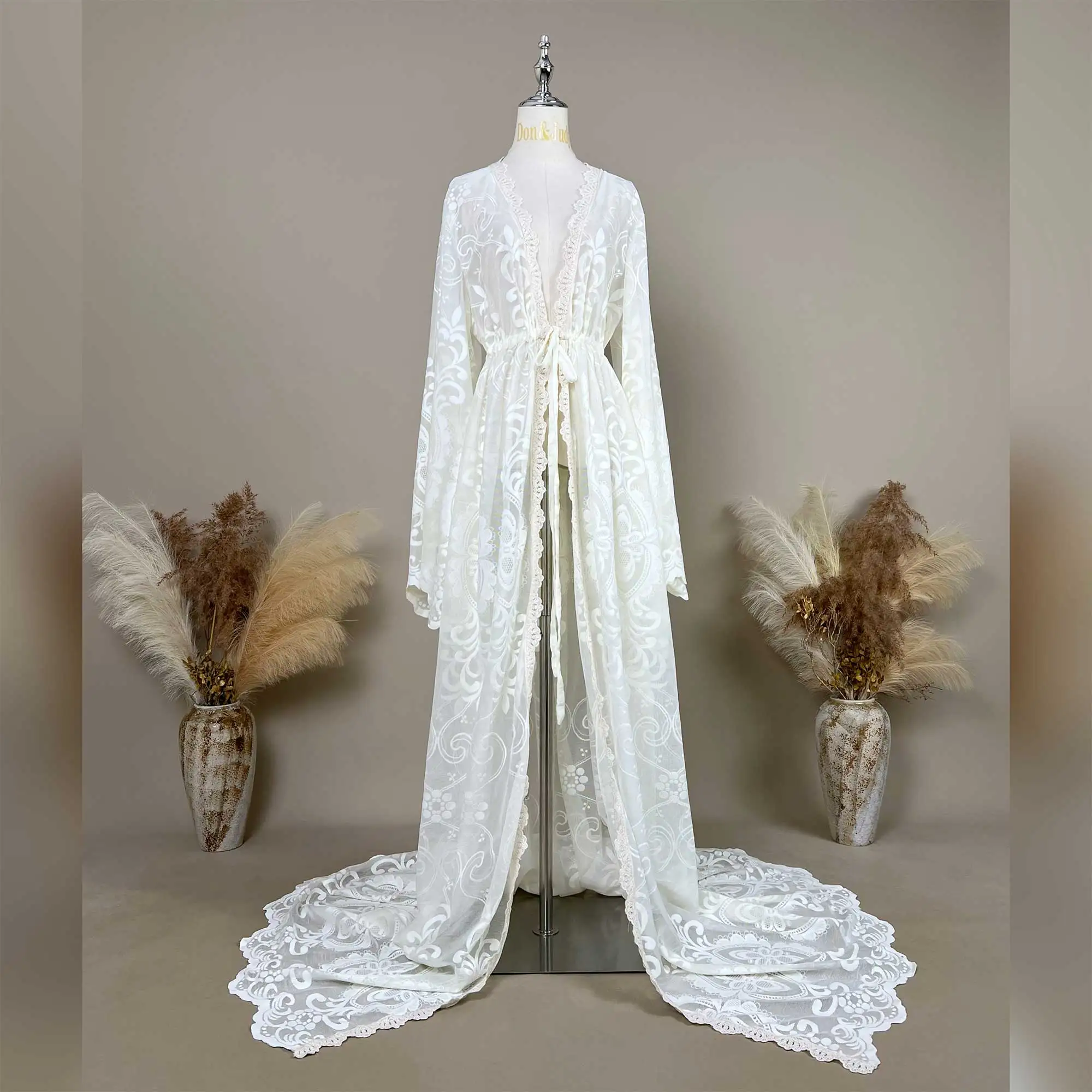 Don&Judy Lace Embroidered Maternity Robe Gown Deep V Neck Long Sleeve Sheer Tulle Maxi Dress with Tie Waist  for Baby Shower