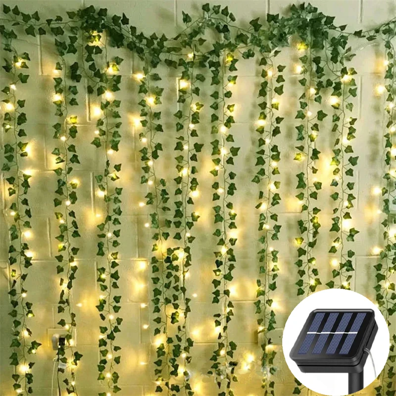 LED Maple Leaf Solar Lights Artificial Garland Ivy Green Leaves Hanging Plants for Outdoor Garden Party Wedding Wall Decoration