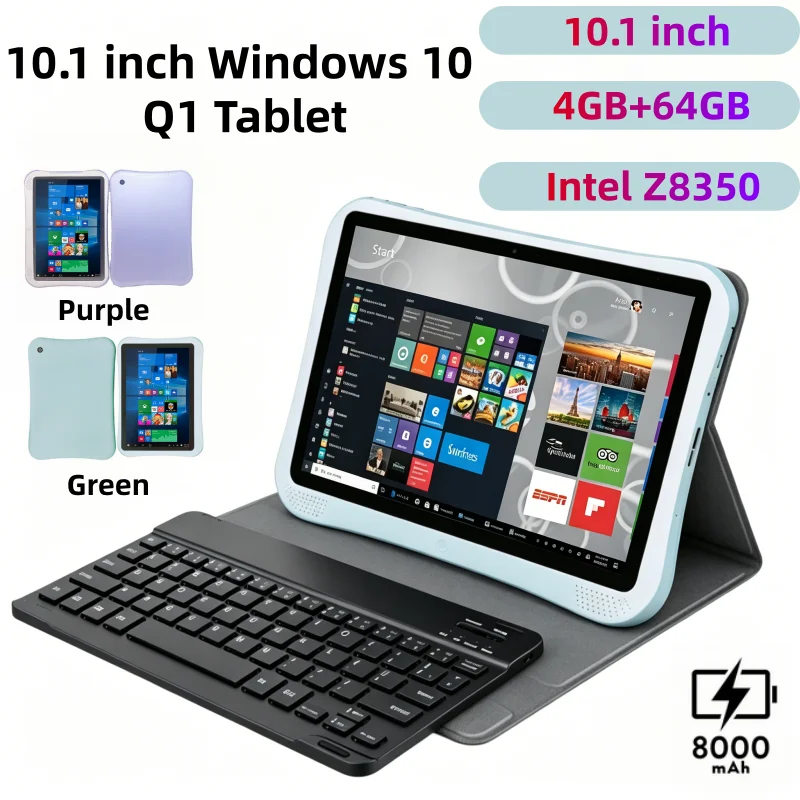 Q1 64-bit 10.1" Windows 10 Tablet PC 4GB DDR RAM 64GB ROM Intel Atom X5-Z8350 CPU Quad Core Dual Camera 8000mAh