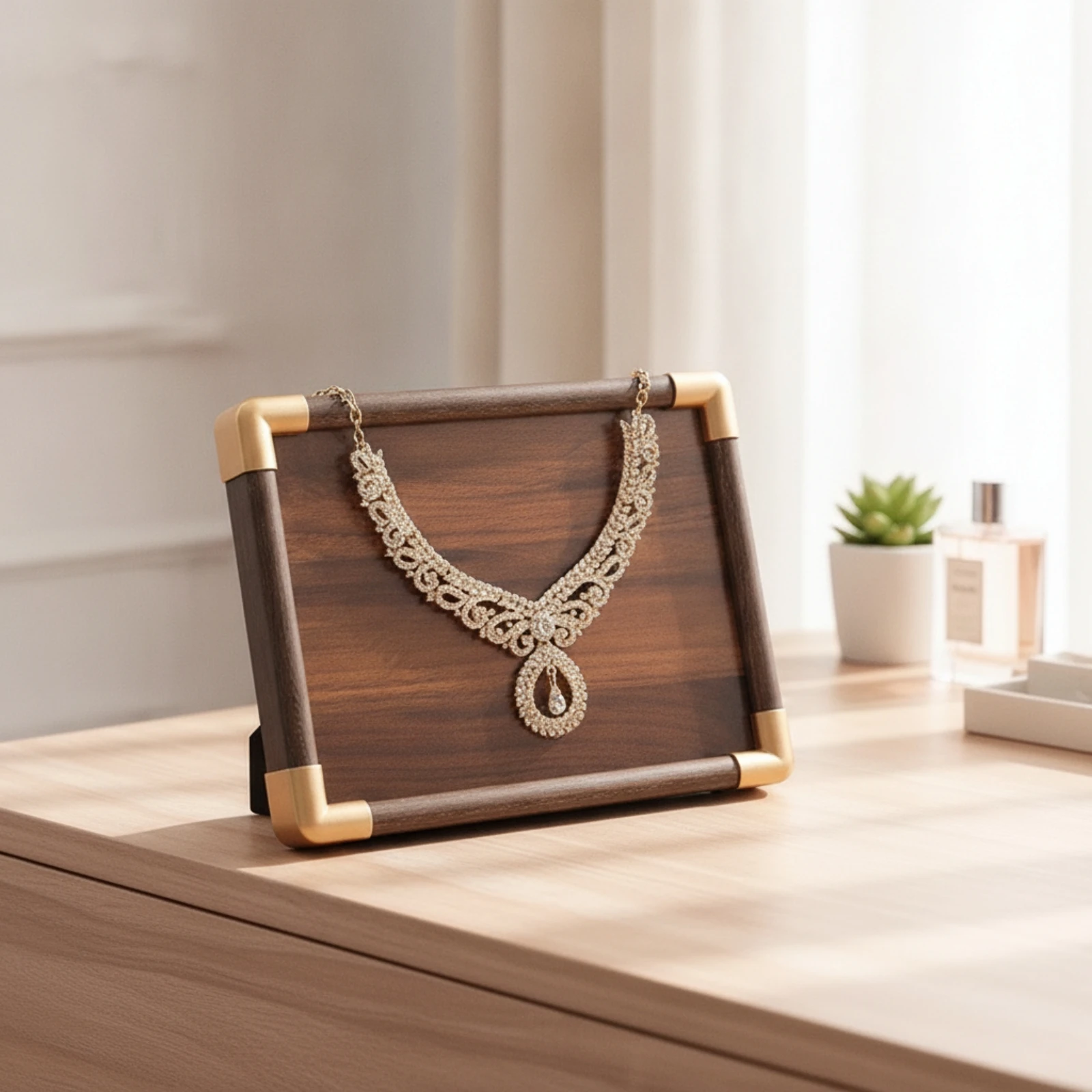Necklace Display Board Gold-Tone Jewelry Tabletop Display Board Wooden Stable for Jewelers, Retail Counter, Vanity