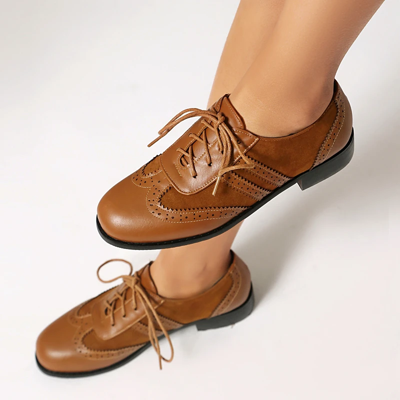 Black Brown Autumn Spring Retro Oxford Shoes Women Brogues Lace Up Casual Female Derby Shoes Low Heels Footwear British Style 41