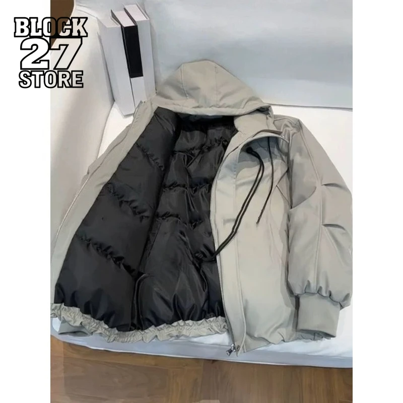 Mens Jacket Harajuku Autumn Winter Light Gray Parka American Hooded Cotton Coat Thick Warm Workwear Casual Streetwear Fashion