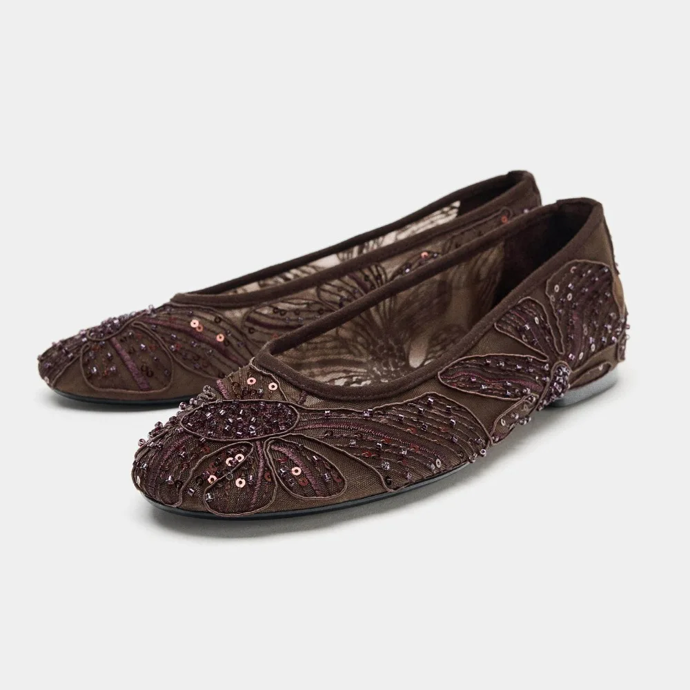 Women Vintage Mesh Ballet Flats Floral Beaded Sequin Embroidery Flat Shoes Round Toe Slip on Soft Sole Party Daily Casual Ladies