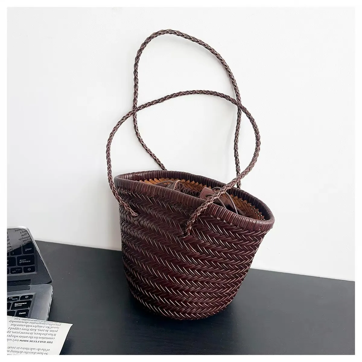 2026 New French Hand Woven Bucket Bag Real Leather Handle Vintage Beach Vacation Shoulder Bag For Women Brown Coffee Black Cream