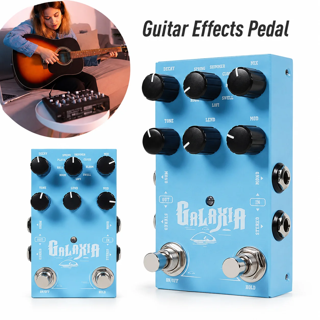 Stereo Reverb Guitar Effects Pedal Multi Mode Reverb Pedal with Freeze Sustain Shimmer Hall Plate Spring for Electric Guitar