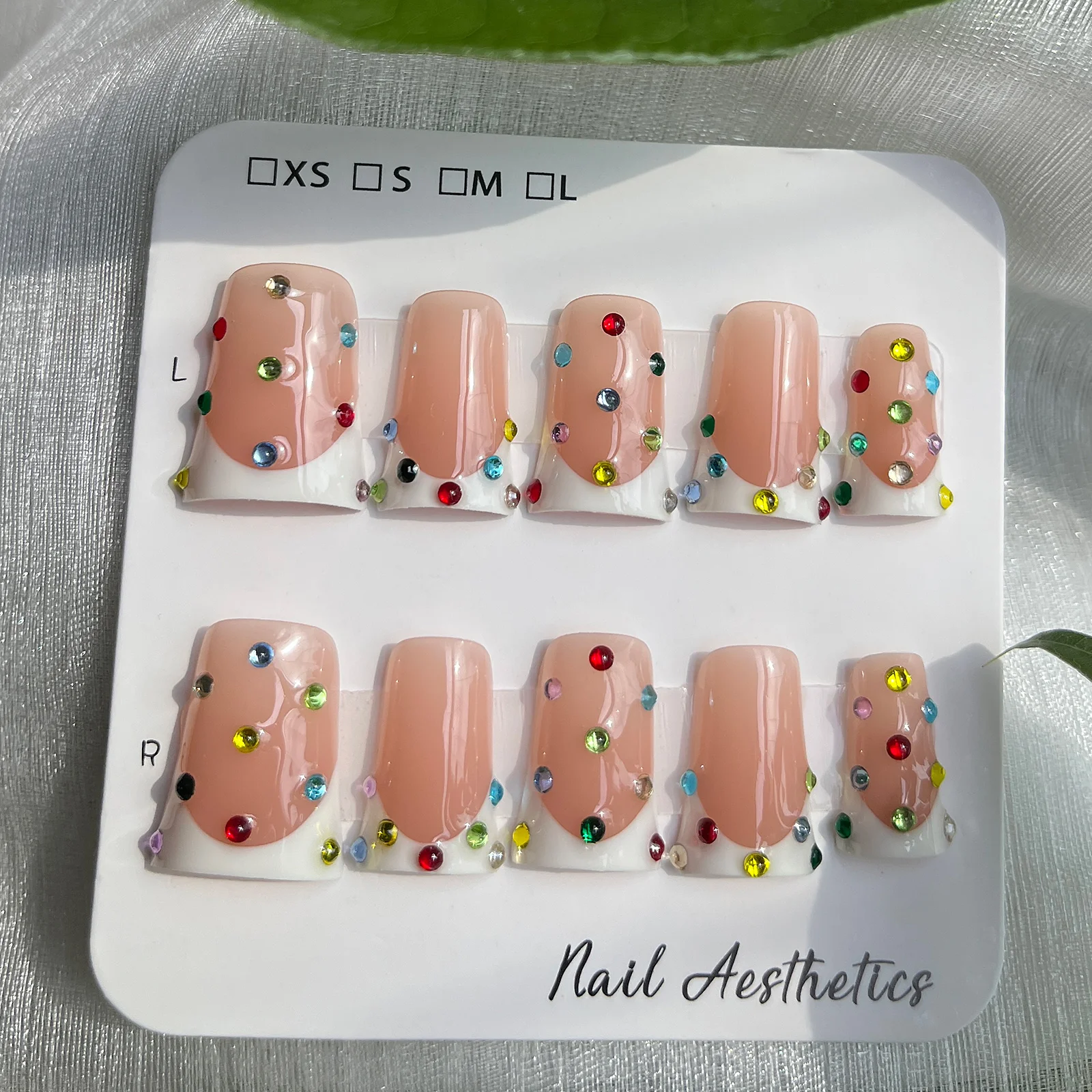 Handmade Duck Tip Press On Nails Nude White French Tip Fake Nails Colorful Rhinestone Reusable False Nails For Women 10Pcs