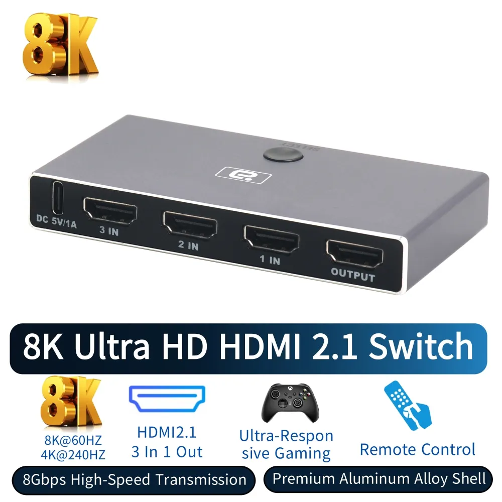 8K HDMI2.1 Switcher 3x1, 48Gbps High Speed Switch with Remote,HDCP 2.3 , Supports 8K@60Hz 4K@240Hz HDR10+ for PS5 Xbox PC TV