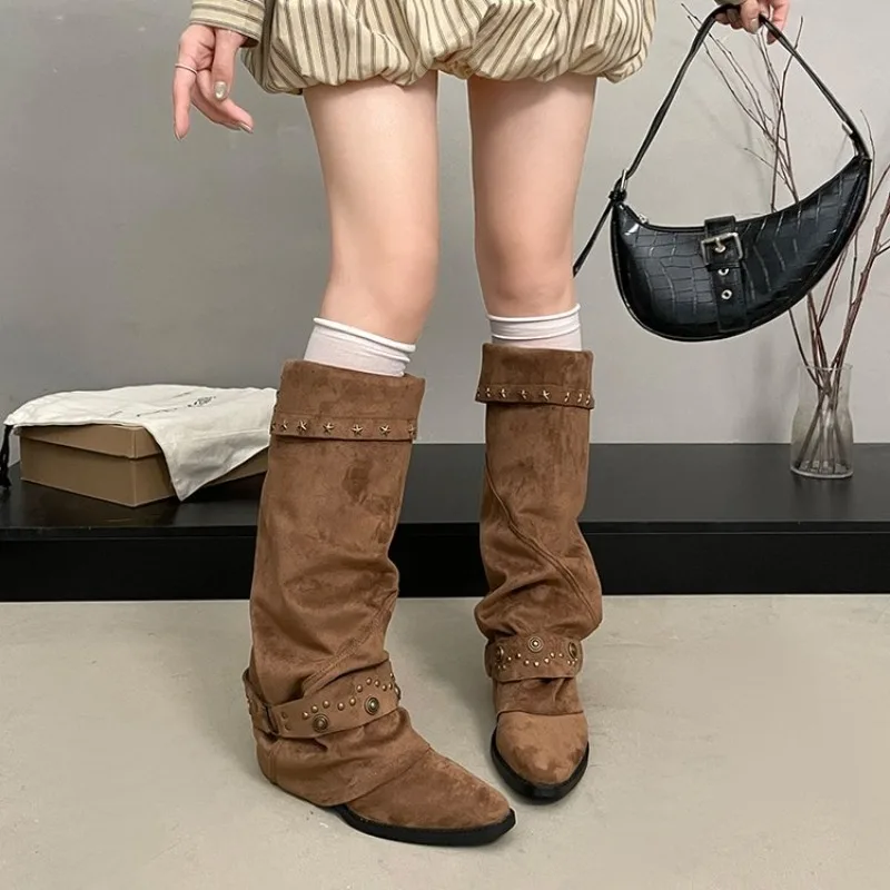 Womens Slouchy Mid Calf Boots Pointed Toe Low Heel Suede Look Upper Buckle Strap Detail Star Studded Collar Daily Walking Shoes