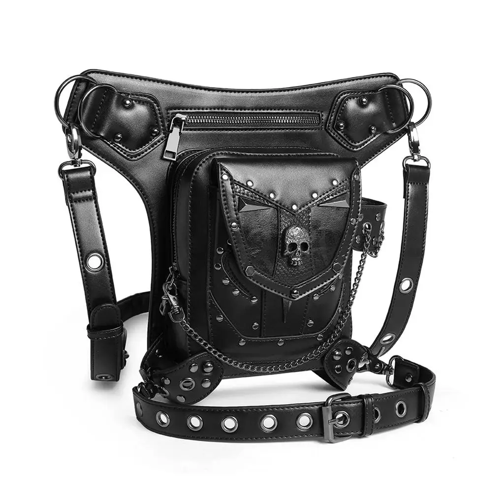 Steampunk Skull Waist Bag Gothic Motorcycle Leather Bag Goth Shoulder Packs for