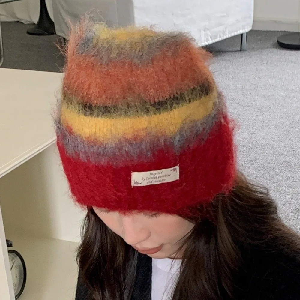 Comfortable Plush Striped Knitted Hat Rainbow Color Warm Wool Hat Thickened Fleece Mohair Gloves Women