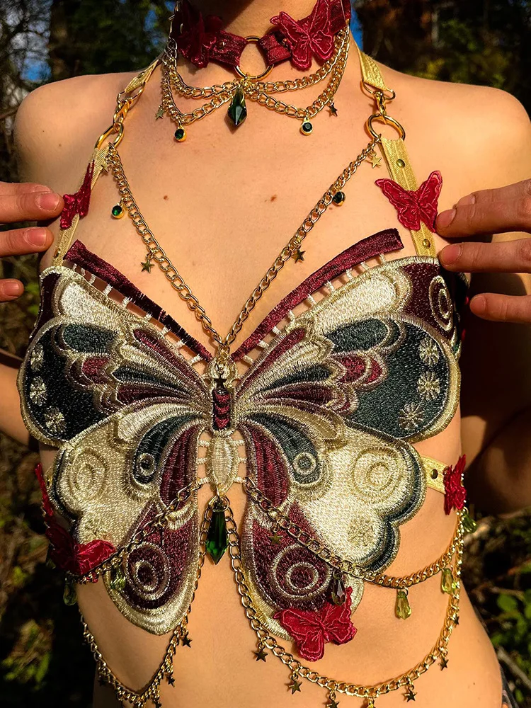 Ins Europe And The United States Electric Syllable Fashion Embroidery Butterfly Splicing Metal Crystal Short Halter Hollowed Top