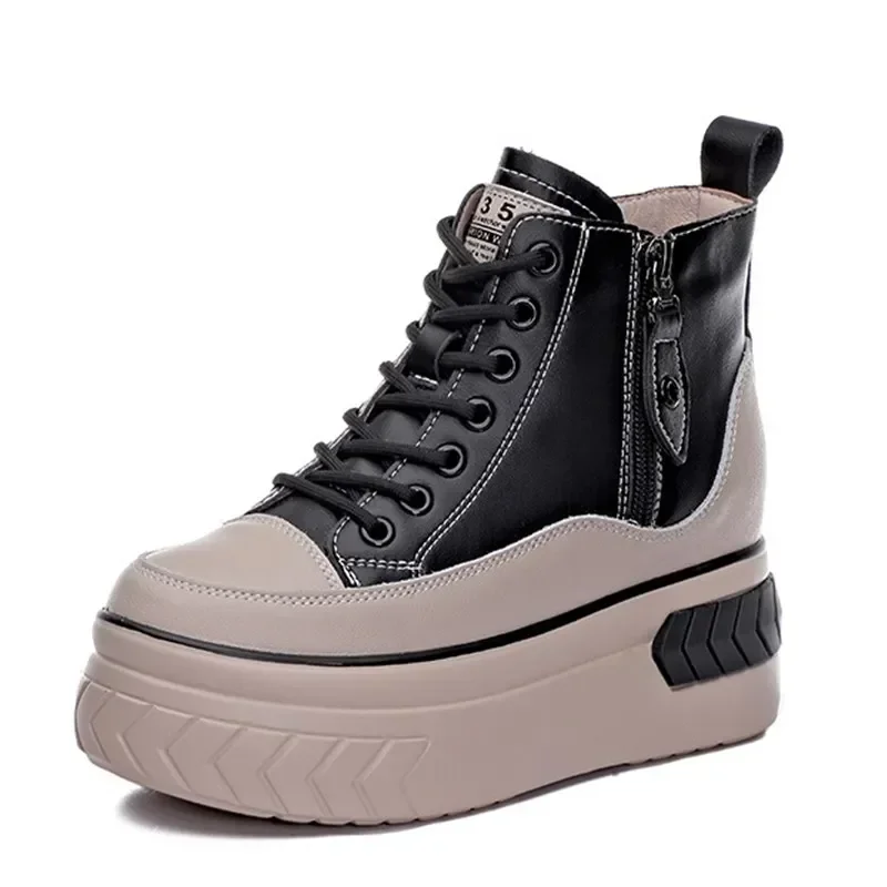 2026 High Top Women Shoes Genuine leather 8cm Platform Boots Wedge Hidden Heel Zip Spring Autumn Warm Fur Winter Shoes Sneakers