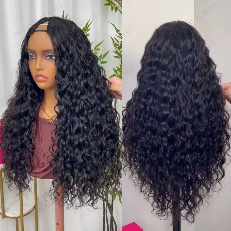Deep Wave Jet Black Afro Black Women Easy Wear Natural Human Hair Opening 1x4 V Part Wigs 200Density Glueless Cheapest Remy Wigs
