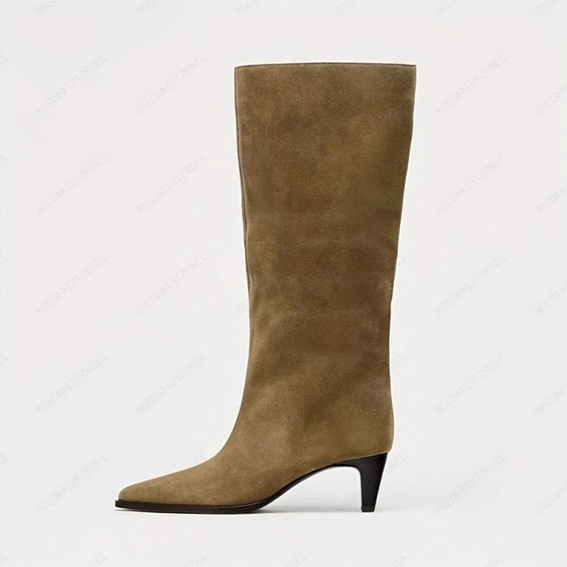 2026 New High Heels Women's High Boots Fashion Dress Pointed Toe Shoes Luxury Knee High Winter Botas Suede Mujer Chelsea Boots