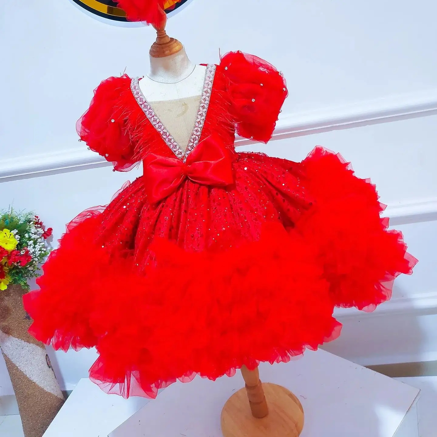 Red Kids Birthday Dresses For Girls Flower Girl Dresses Customized Sequined Ruffles Tiered Tulle Ball Gowns for Wedding